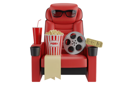 A red movie theater seat with popcorn, a soda, 3D glasses, a film reel, and a ticket. background removed