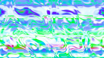 Abstract psychedelic glitch waves with neon colors, distorted digital fluid texture and VHS scanline effect