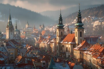 Fototapeta premium Historic European city, winter, snowy roofs, old buildings, majestic spires.