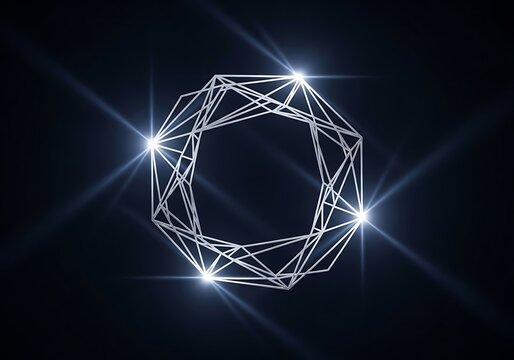 Futuristic shape of a luminous polyhedron shining in dark background