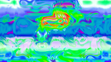 Abstract psychedelic glitch waves with neon colors, distorted digital fluid texture and VHS scanline effect