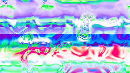Abstract psychedelic glitch waves with neon colors, distorted digital fluid texture and VHS scanline effect