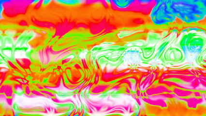 Abstract psychedelic glitch waves with neon colors, distorted digital fluid texture and VHS scanline effect