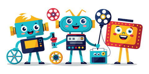 Fototapeta premium Funny retro cartoon robot character toy vector set with a cute tablet and tv tape illustration