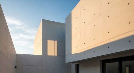 Geometric architecture featuring concrete walls against a light blue sky