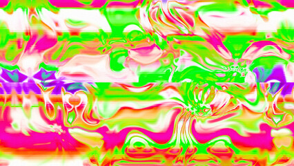 Abstract psychedelic glitch waves with neon colors, distorted digital fluid texture and VHS scanline effect