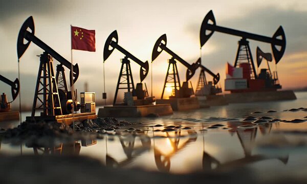 Chinese flag waves proudly amidst a row of active oil pump jacks at sunset reflecting on the water surface