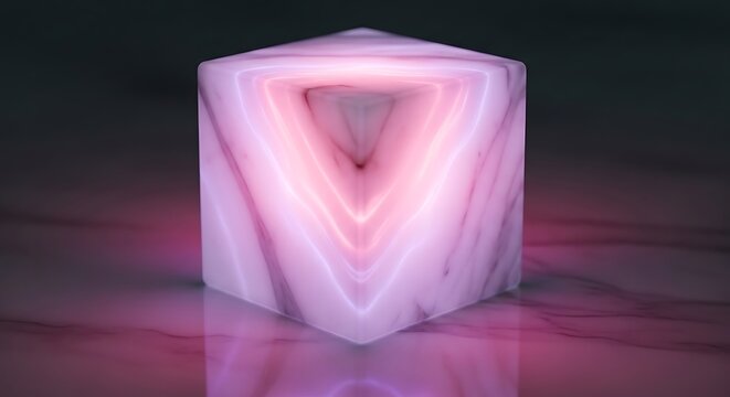 Ethereal marble cube with glowing triangle nested inside, gentle radiance