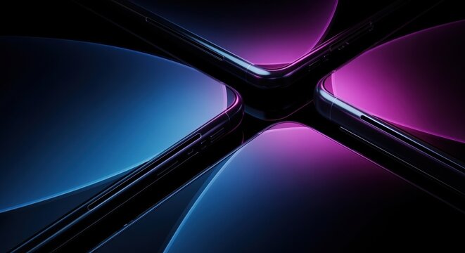 Abstract Geometric Abstraction: A captivating display of abstract geometric shapes and lines, illuminated by vibrant blue and purple hues, forming an intricate intersection.