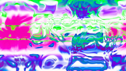 Abstract psychedelic glitch waves with neon colors, distorted digital fluid texture and VHS scanline effect