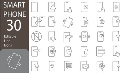 smartphone Editable Line Icons Set. mobile alerts, notifications, tap-to-pay, smartphone wallet,  touch screen tag, mobile network file, Line style icons of mobile technology. vector illustration