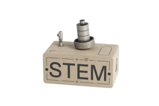 A wooden block with the word STEM and small metal parts on top, representing science, technology, engineering, and mathematics. background removed