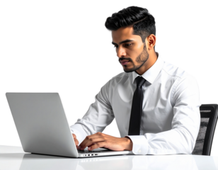 Young Businessman Typing on Laptop at Office Desk, Front View, Transparent Background