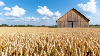 Fototapeta premium Golden wheat field, rustic barn, blue sky, fluffy clouds create serene rural landscape