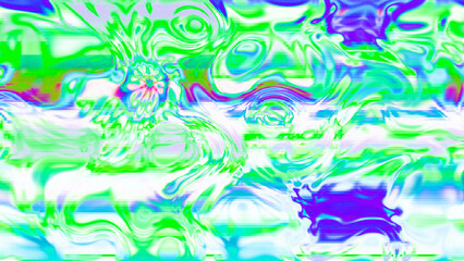 Abstract psychedelic glitch waves with neon colors, distorted digital fluid texture and VHS scanline effect