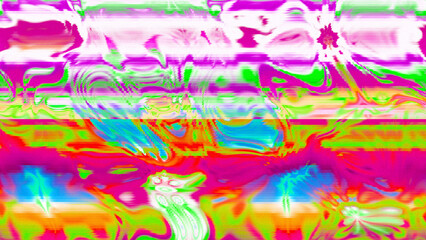 Abstract psychedelic glitch waves with neon colors, distorted digital fluid texture and VHS scanline effect