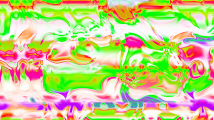 Abstract psychedelic glitch waves with neon colors, distorted digital fluid texture and VHS scanline effect