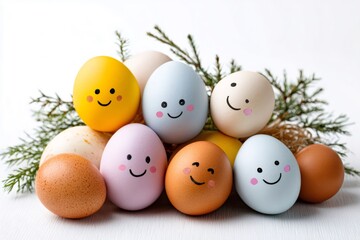 Colorful Easter eggs with happy faces celebrating springtime