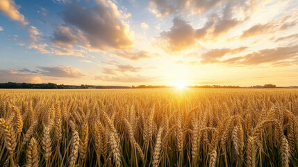 Obraz premium Golden wheat field under vibrant sunset sky, creating serene and tranquil atmosphere