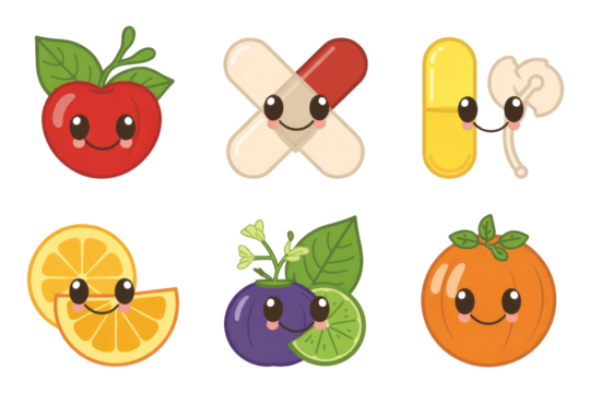 Cute cartoon illustration of fruits and pills representing healthy lifestyle choices. background removed