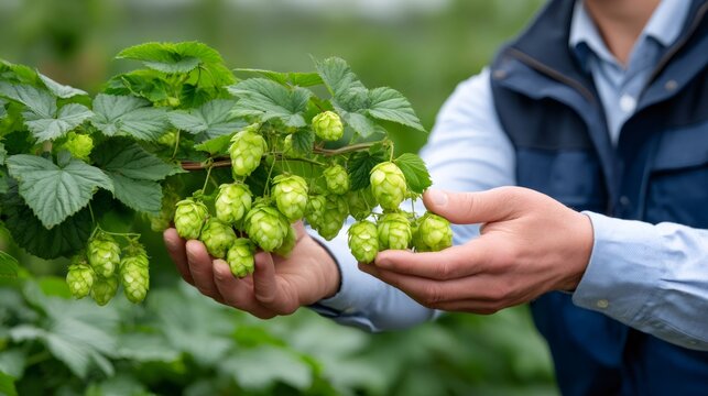 Farmer inspecting fresh green hops growing in field