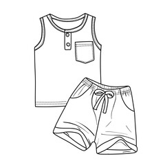 A line art drawing of a childrens sleeveless shirt with a pocket and shorts with a drawstring.