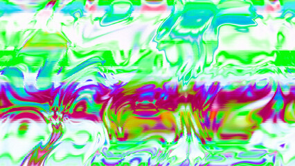 Abstract psychedelic glitch waves with neon colors, distorted digital fluid texture and VHS scanline effect