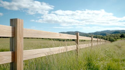 Fototapeta premium Wooden fence line disappearing into distance, surrounded by lush grass and blue sky