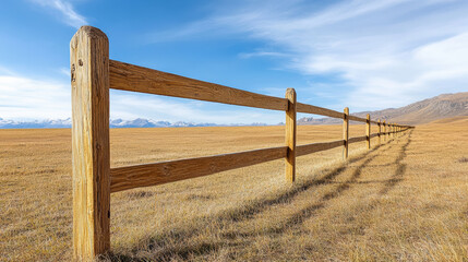 Wooden fence stretches across calm field under clear blue sky, creating serene rural landscape