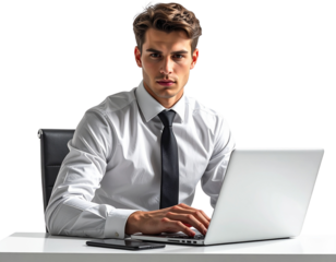 Young Businessman Typing on Laptop at Office Desk, Front View, Transparent Background