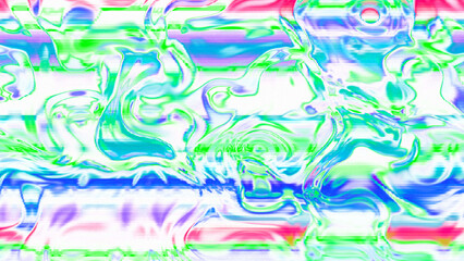 Abstract psychedelic glitch waves with neon colors, distorted digital fluid texture and VHS scanline effect