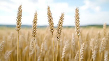 Fototapeta premium Golden wheat stalks sway gently breeze bright sky, symbolizing abundance and nature beauty