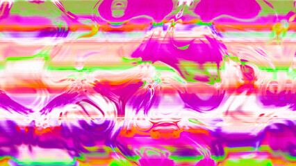 Abstract psychedelic glitch waves with neon colors, distorted digital fluid texture and VHS scanline effect