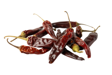 A pile of dried red chili peppers, dark and shiny, isolated on a transparent background. background removed