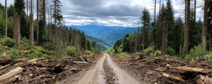 Path in the forest with village landslide road concept. A dirt road cuts through a deforested landscape under gray skies.