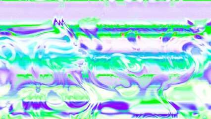 Abstract psychedelic glitch waves with neon colors, distorted digital fluid texture and VHS scanline effect