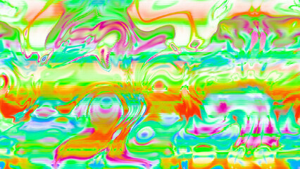 Abstract psychedelic glitch waves with neon colors, distorted digital fluid texture and VHS scanline effect