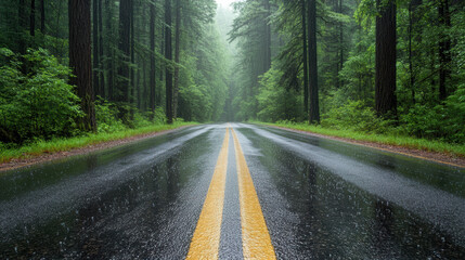 Fototapeta premium Serene forest road with rain and fog, surrounded by lush greenery and tall trees