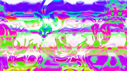 Abstract psychedelic glitch waves with neon colors, distorted digital fluid texture and VHS scanline effect