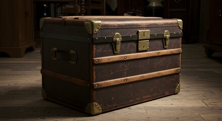 Vintage steamer trunk displayed on wooden floor against blurred background