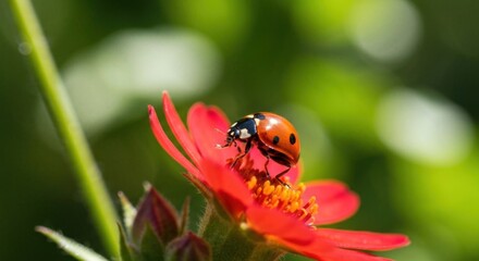 Fototapeta premium A ladybug rests on a vibrant red flower. Close-up view