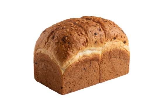 A loaf of artisan bread, speckled with seeds, sits against a transparent background. background removed