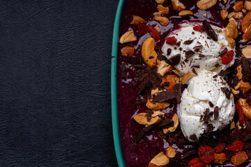 High-resolution photograph of smoothy bowl fruit, taken with a high-resolution 45MP camera