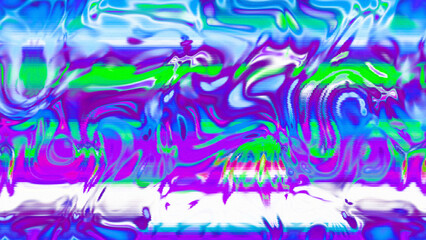 Abstract psychedelic glitch waves with neon colors, distorted digital fluid texture and VHS scanline effect