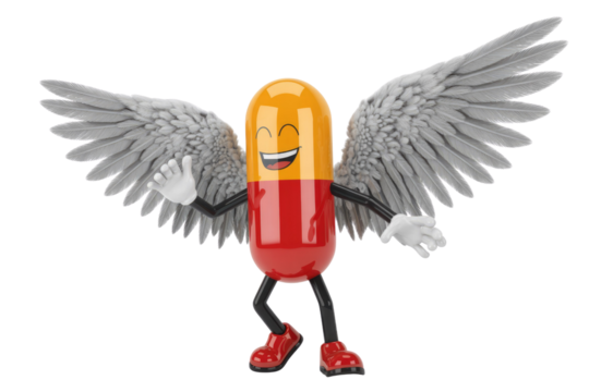 A cheerful pill character with wings, joyfully waving, 3D rendered. background removed