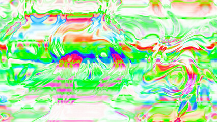 Abstract psychedelic glitch waves with neon colors, distorted digital fluid texture and VHS scanline effect