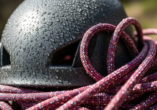 Protective helmet and climbing rope, water droplets adorn gear surface