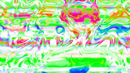 Abstract psychedelic glitch waves with neon colors, distorted digital fluid texture and VHS scanline effect