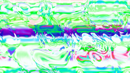Abstract psychedelic glitch waves with neon colors, distorted digital fluid texture and VHS scanline effect