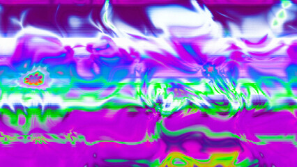 Abstract psychedelic glitch waves with neon colors, distorted digital fluid texture and VHS scanline effect